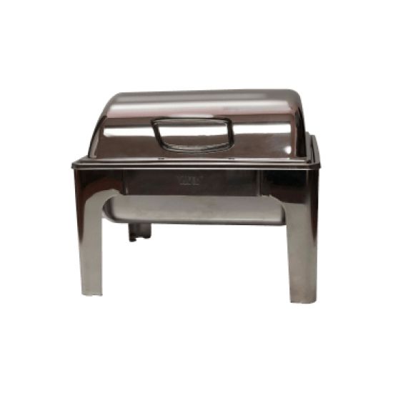 Square silver chafing dish with hinged lid for buffet food warming, perfect for catered events, banquets, and receptions