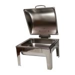 Square silver chafing dish with hinged lid for buffet food warming, perfect for catered events, banquets, and receptions