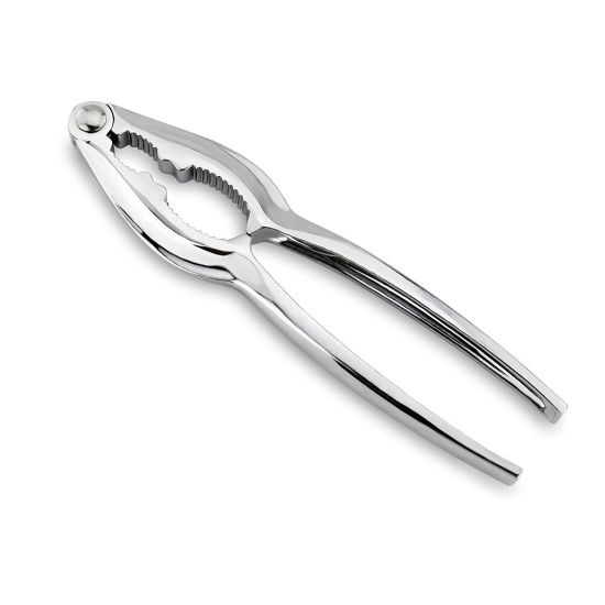 Metal nutcracker tool with textured grip, designed for cracking nuts and shells, useful for catering stations and prep areas
