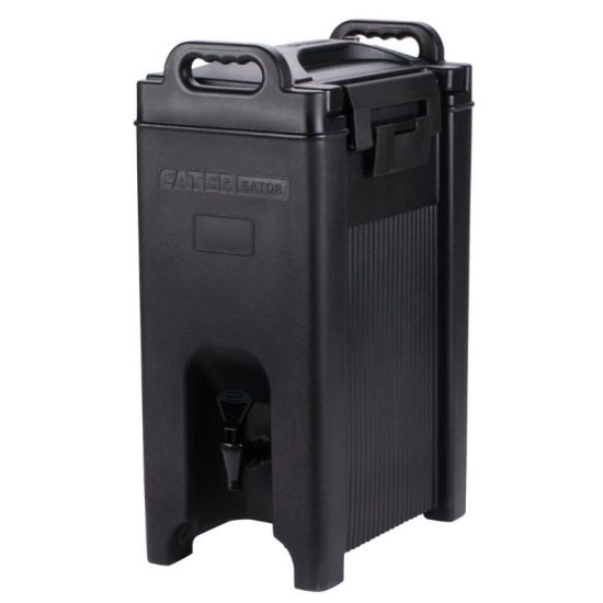 Black insulated 5-gallon beverage dispenser with built-in spigot and carry handles, ideal for serving cold drinks at catered events