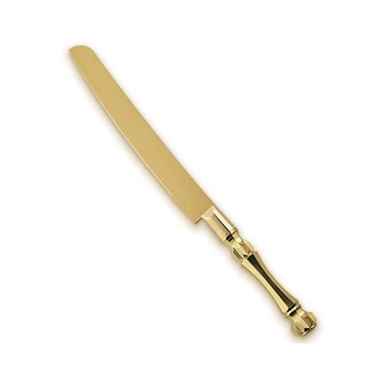 Gold cake knife server with serrated blade and decorative handle, designed for slicing and serving cakes at weddings and events