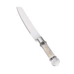 Pearl-handled cake knife server with silver serrated blade, elegant utensil for slicing and serving cake at weddings and events