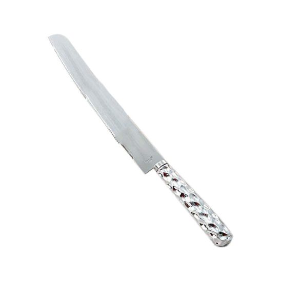 Silver cake knife server with textured handle and serrated blade, designed for clean cake slicing and dessert service at events