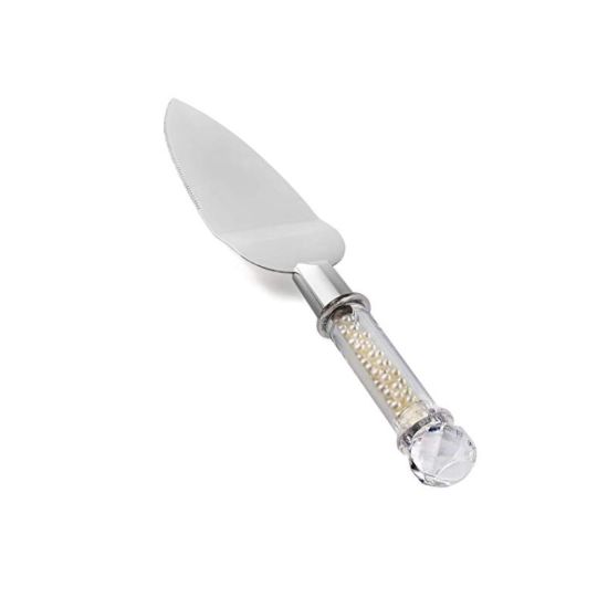Pearl-handled pie server with silver triangular blade, elegant tool for lifting and serving pie or cake slices at weddings