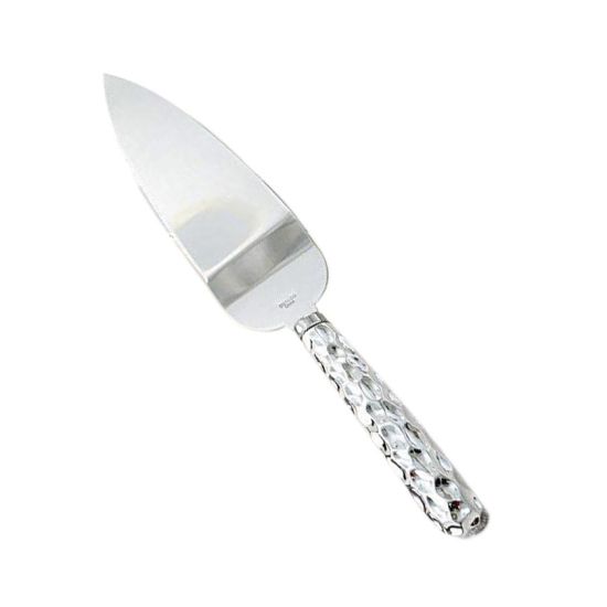 Silver pie server with triangular blade and textured handle, designed for serving pie and cake slices at banquets and events