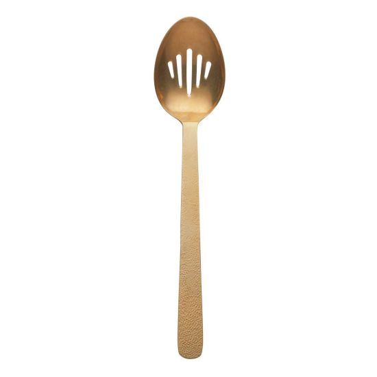 Gold slotted serving spoon with drainage holes and textured handle, ideal for serving vegetables and sides at buffet catering events