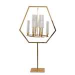 Gold hexagon chandelier stand with hanging crystal-style candle sleeves, modern geometric statement centerpiece for weddings and luxury events.