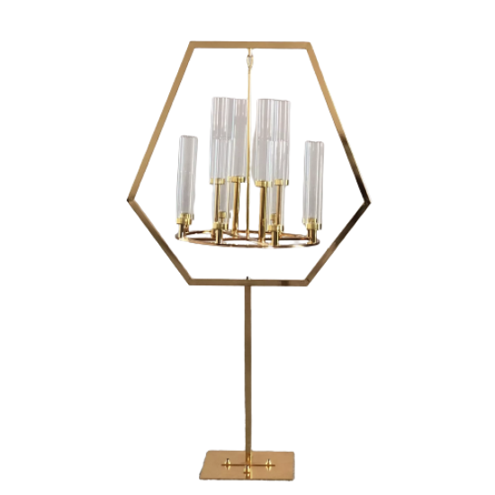 Gold hexagon chandelier stand with hanging crystal-style candle sleeves, modern geometric statement centerpiece for weddings and luxury events.