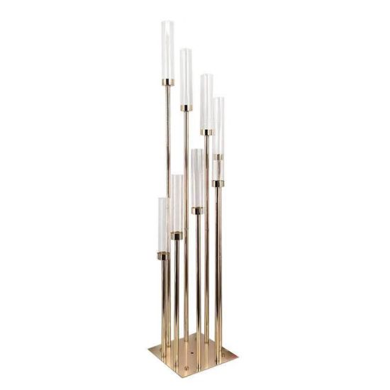 Gold reflection candle holder set with tall slim stems and clear glass cylinders, luxe wedding centerpiece décor for event tables.