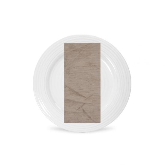 Champagne Capri napkin with warm neutral solid fabric texture, folded on a white plate for refined wedding table décor
