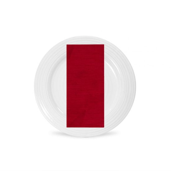 Crimson Capri napkin with rich red solid fabric texture, folded on a white plate for dramatic wedding and event table décor