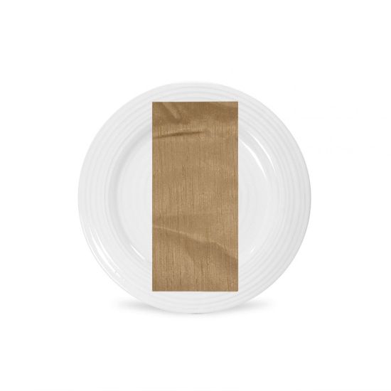 Gold Capri napkin with smooth solid fabric texture, neatly folded on a white plate for elegant weddings and formal event table settings