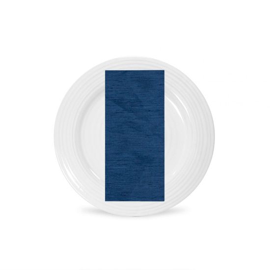 Navy Capri napkin with deep blue solid fabric texture, folded on a white plate for classic formal weddings and event table styling