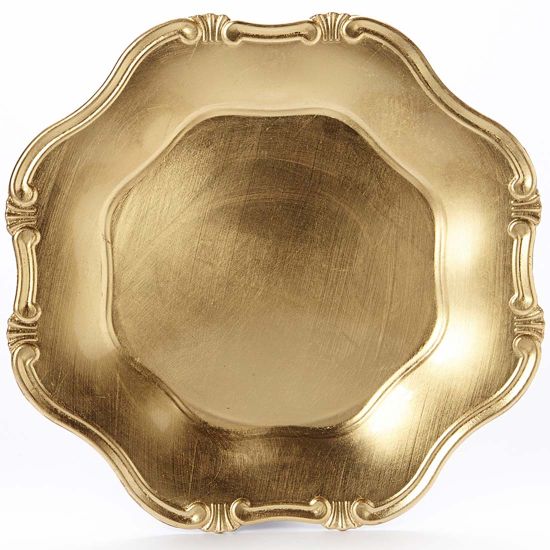 Gold baroque scalloped acrylic charger plate rental with ornate edge for vintage-inspired wedding and banquet tables
