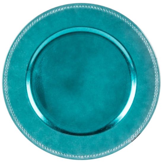 Aqua beaded rim charger plate with glossy glass finish and raised beaded edge, vibrant charger for weddings and event table décor