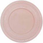 Pink ceramic charger plate with ornate embossed rim and glossy finish, romantic charger plate for weddings and elegant event tables