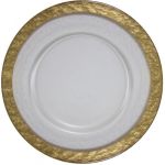 Clear cloud charger plate with soft textured surface and wide gold rim, elegant glass charger for formal weddings and event table décor