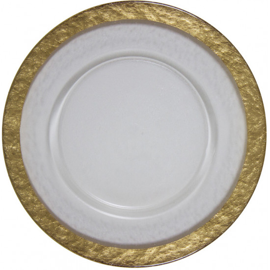 Clear cloud charger plate with soft textured surface and wide gold rim, elegant glass charger for formal weddings and event table décor