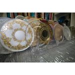 White crown charger plate with ornate silver baroque border design and decorative center ring, elegant charger for weddings and galas