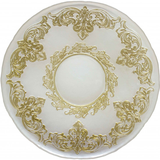White crown charger plate with ornate gold baroque border design and decorative center ring, luxury charger for formal event tables