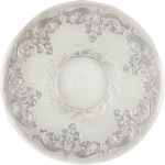 White crown charger plate with ornate silver baroque border design and decorative center ring, elegant charger for weddings and galas