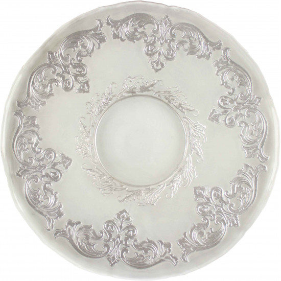 White crown charger plate with ornate silver baroque border design and decorative center ring, elegant charger for weddings and galas