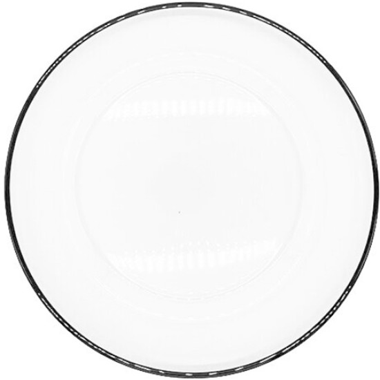 Clear crystal charger plate with thin black rim and smooth glass center, sleek modern charger for weddings and formal event tables