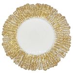 Gold deniz flower charger plate with radiating petal-like rim and smooth center, elegant statement charger for weddings and event tables
