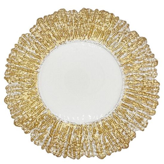 Gold deniz flower charger plate with radiating petal-like rim and smooth center, elegant statement charger for weddings and event tables
