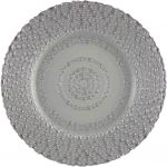 Silver lasso charger plate with concentric textured rings and metallic finish, sleek modern charger for upscale event table décor