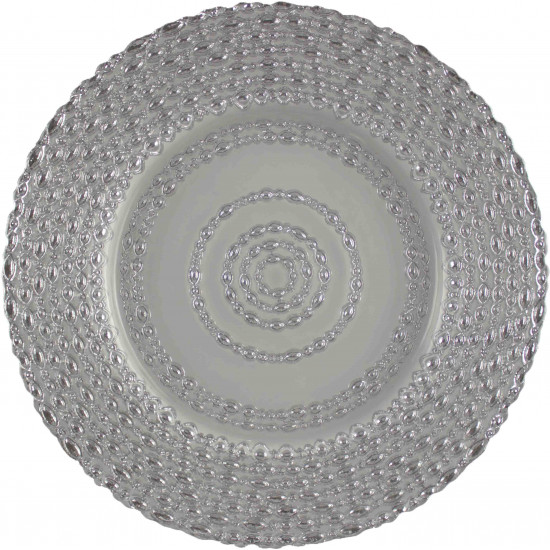 Silver lasso charger plate with concentric textured rings and metallic finish, sleek modern charger for upscale event table décor