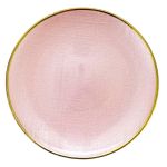 Pink ballerina charger plate rental with textured finish and gold rim for romantic wedding and special event tables