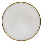 White ballerina charger plate rental with subtle texture and gold rim for classic wedding and gala table styling