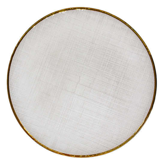 White ballerina charger plate rental with subtle texture and gold rim for classic wedding and gala table styling