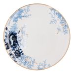 Lenox Garden Grove charger plate with white center, blue floral border accent, and thin gold rim, large round plate on a white background