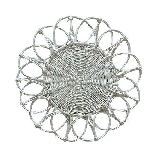 White woven provencal charger plate with open looped border and rattan texture, airy boho charger for weddings and elegant events