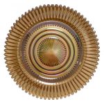 Gold rainbow charger plate with ribbed glass texture and metallic rim accents, warm-toned statement charger for weddings and gala tables
