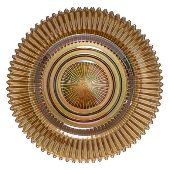 Gold rainbow charger plate with ribbed glass texture and metallic rim accents, warm-toned statement charger for weddings and gala tables