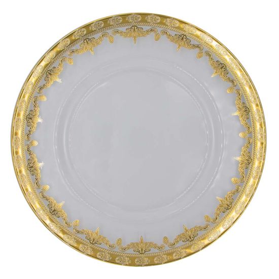 Clear versace-style charger plate with ornate gold border detailing and classic round shape, elegant charger for formal event tables