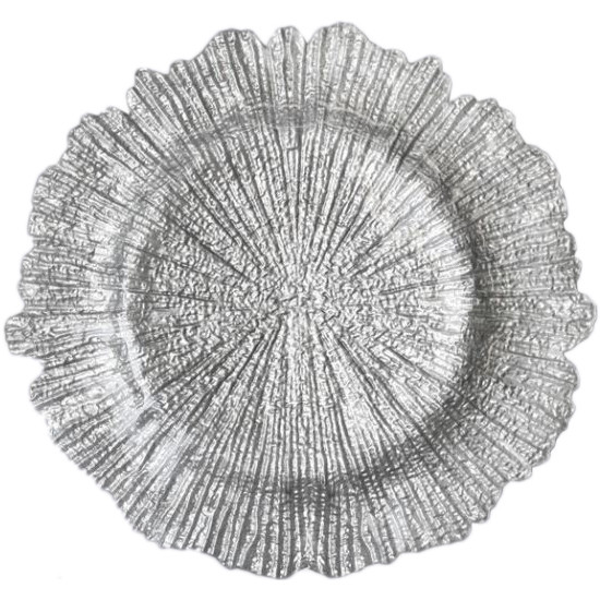 Silver reef charger plate with textured glass surface and irregular scalloped edge, sleek metallic charger for weddings and formal events