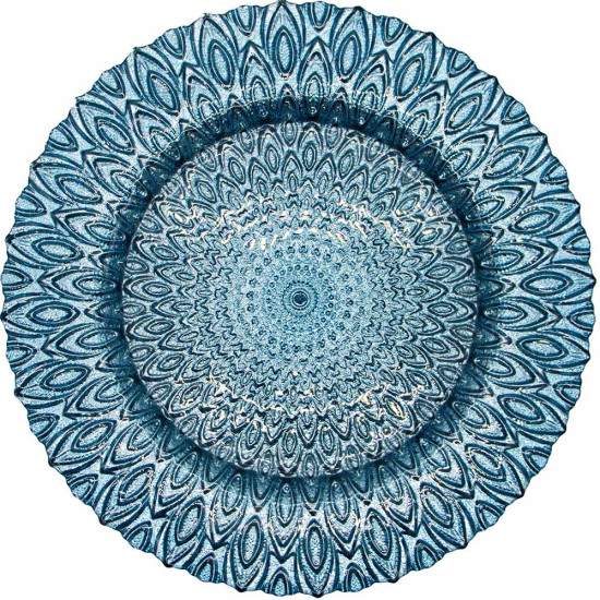 Blue ritz charger plate with detailed radial glass texture and scalloped edge, striking statement charger for weddings and formal events