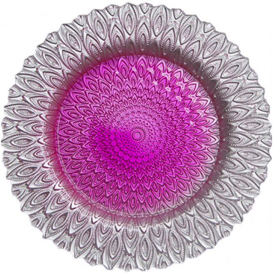 Fuchsia ritz charger plate with ornate radial glass texture and scalloped edge, vibrant statement charger for weddings and event décor