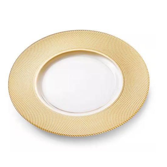 Clear stardust charger plate with textured gold beaded rim and smooth center, glamorous glass charger for weddings and gala tables
