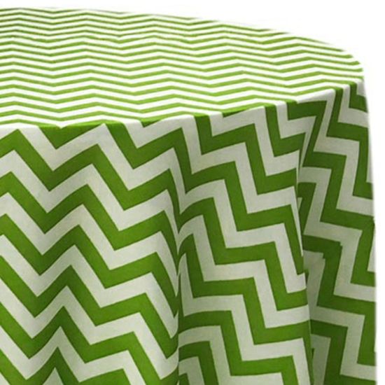 Chevron Kiwi bold kiwi green and white chevron zigzag patterned round polyester tablecloth for modern wedding and event table décor rental
