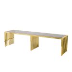Gold stainless-steel Art Deco coffee table 72″ L × 18″ W × 18″ H with sleek minimalist rectangular top and polished metallic finish for modern luxury event lounge décor