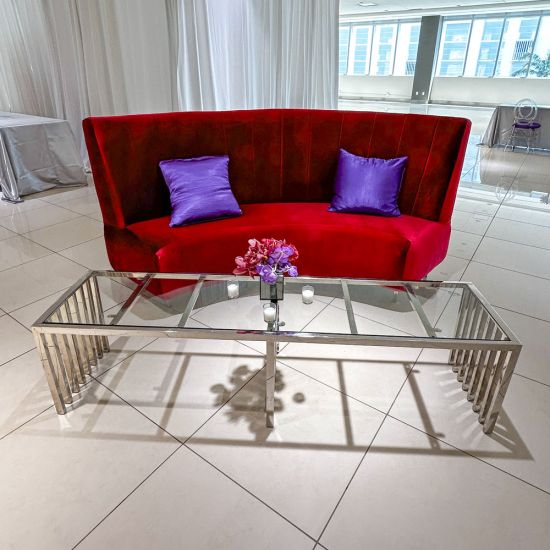 Gold stainless-steel Art Deco coffee table 72″ L × 18″ W × 18″ H with sleek minimalist rectangular top and polished metallic finish for modern luxury event lounge décor