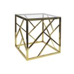 Gold stainless-steel Reflection Web coffee table 19.5″ × 19.5″ × 22″ with geometric open-web base and minimalist top for upscale event lounge décor