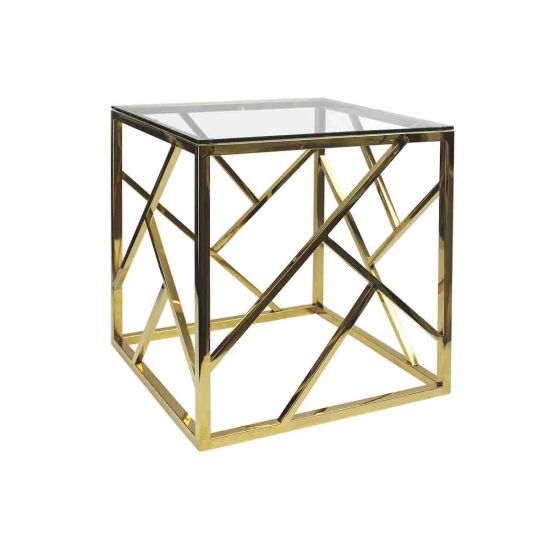 Gold stainless-steel Reflection Web coffee table 19.5″ × 19.5″ × 22″ with geometric open-web base and minimalist top for upscale event lounge décor