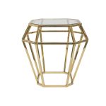 Gold stainless-steel Gem-frame end table with diamond-inspired geometry and glass top, ideal for luxury modern event lounge décor
