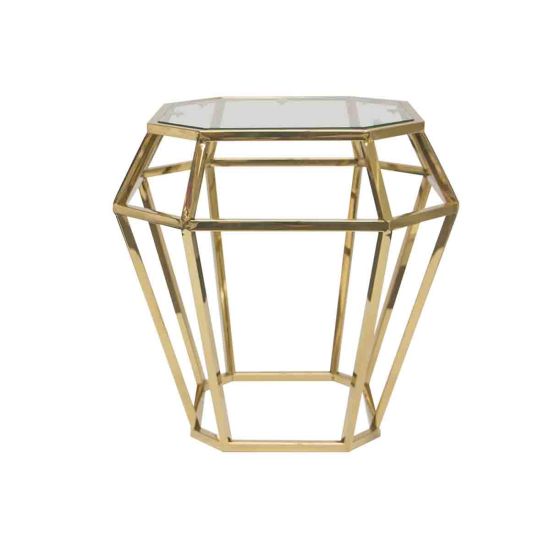 Gold stainless-steel Gem-frame end table with diamond-inspired geometry and glass top, ideal for luxury modern event lounge décor